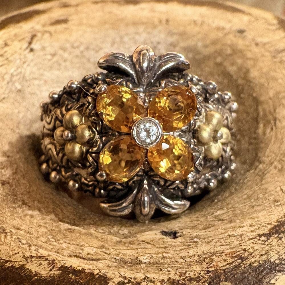 Barbara Bixby Ring Size 8 18K, Sterling Silver, Topaz & Citrine Floral Accents